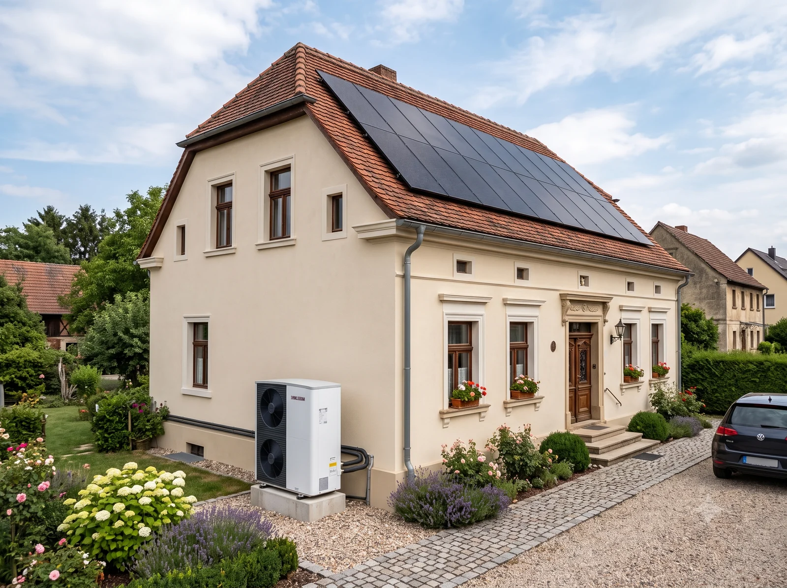Wärmepumpe vor einem Altbau mit Solaranlage auf dem Dach